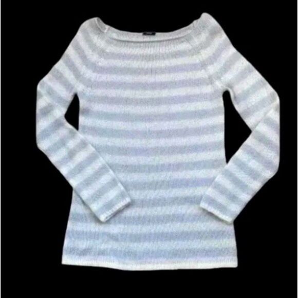 J Crew Sweater Small Gray White Striped Mohair Wool Blend Nautical Lightweight - Picture 1 of 8